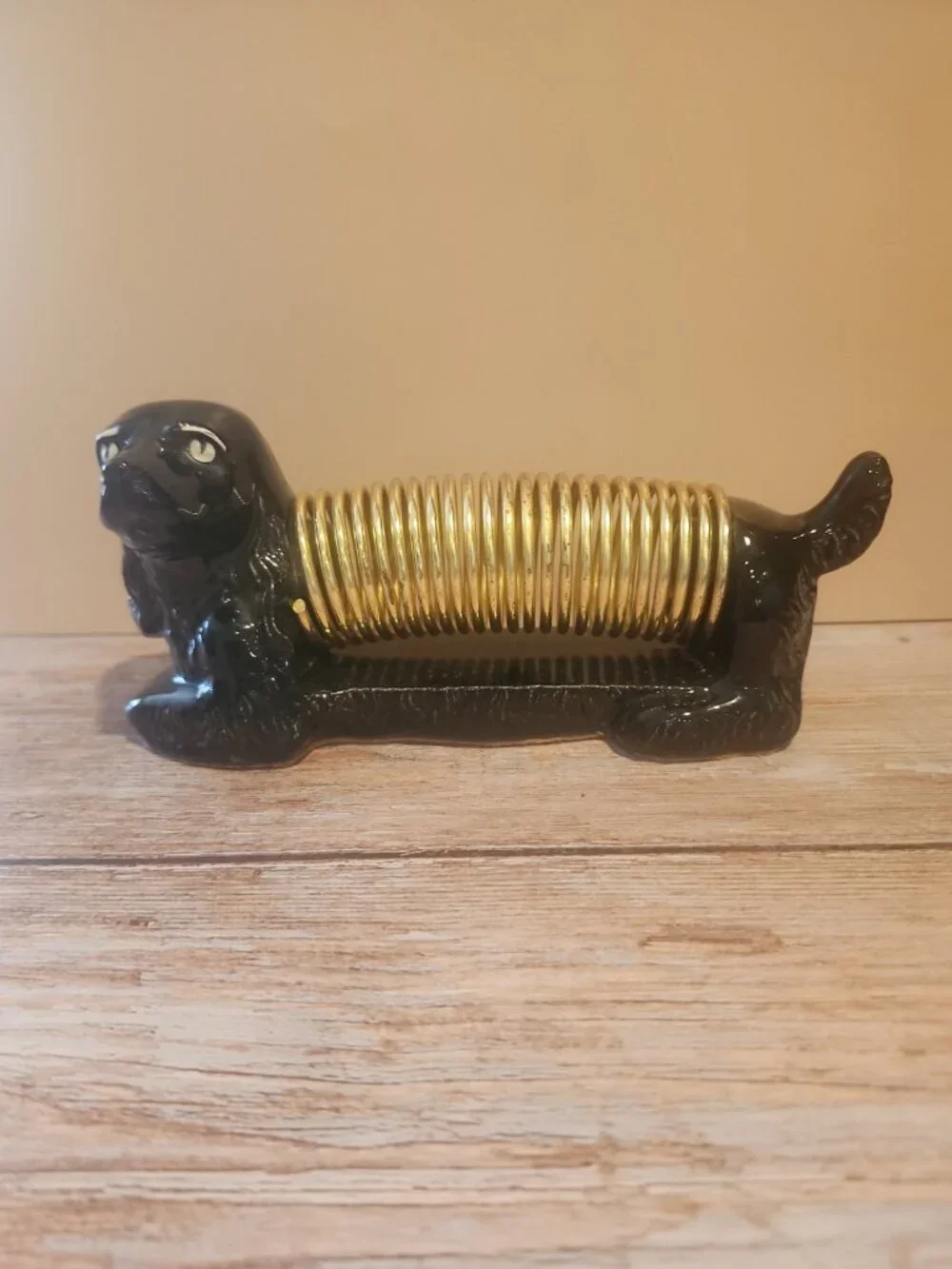 Vtg~MCM~Black/Gold~Ceramic~Dachshund~Cocker Spaniel~Dog~Desk Letter Card Holder